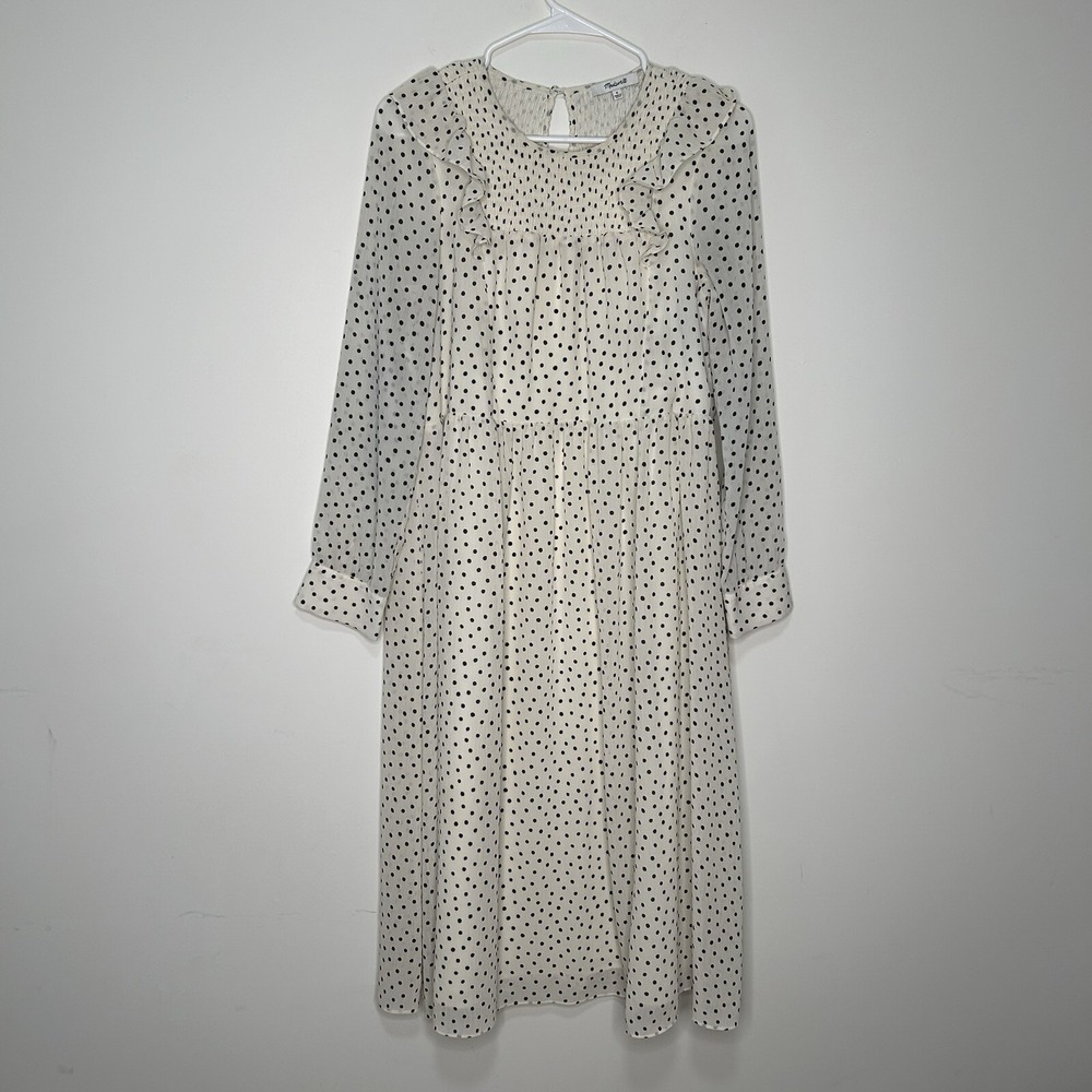 Madewell‎ Dress Womens Small Smocked Ruffle-Shoulder Lined Midi Inkbrush Dots
